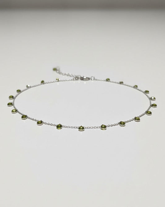 Minimal silver chain necklace with olive green micro beads – lightweight everyday jewellery by Near Earth Object.