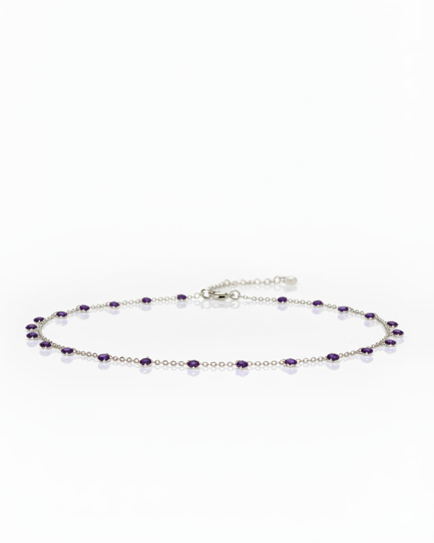 Delicate silver necklace with small purple beads and fine chain – elegant minimalist jewellery by Near Earth Object.