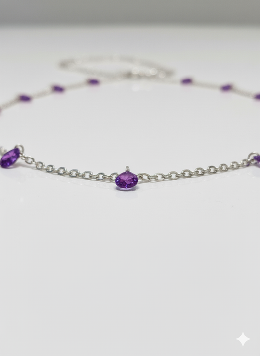Close-up of silver beaded necklace showing purple bead spacing and fine chain structure – lightweight daily wear jewellery by Near Earth Object