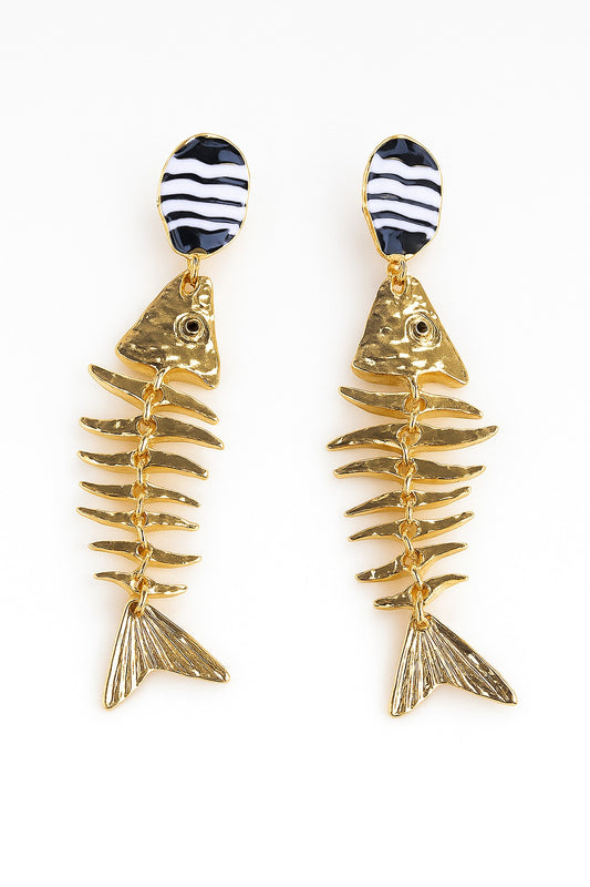 Gold fishbone earrings with striped top detail – artistic avant-garde jewellery by Near Earth Object