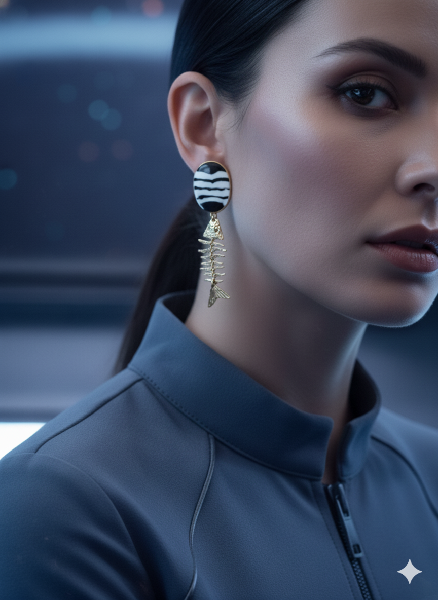 Model wearing gold fishbone sculptural earrings in a futuristic setting – bold artistic jewellery by Near Earth Object.