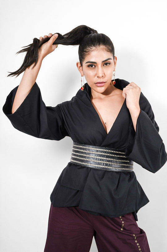 Void Wrap : Woman wearing a black outfit with a silver belt - near Earth object | Women's Overlay & Camisole | Jacket | Pret Clothes | nEo Clothes.