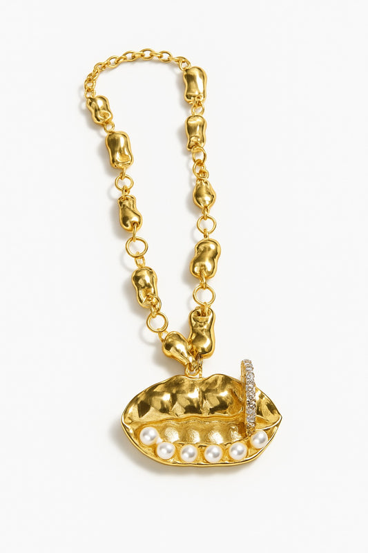 Gold UFO pendant necklace with crystal detailing and chunky chain – cosmic statement jewellery by Near Earth Object
