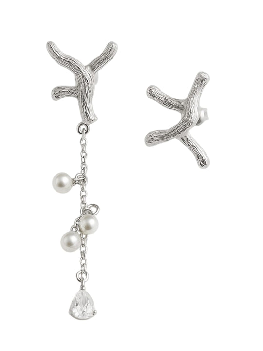 Silver earrings with branch-like design and pearl and crystal elements  | Statement Earrings | neo jewelry 