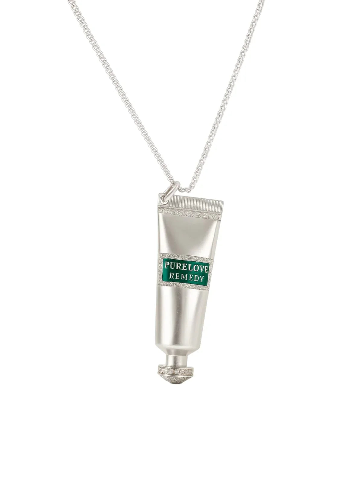 Silver necklace with a tube pendant labeled 'PURELOVE REMEDY'  | Statement Necklace & Chokers  | neo jewelry 