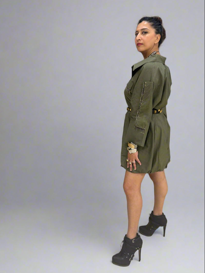 Olive green shirt dress detail shot showing pocket and sleeve embellishments with metallic studs and bead fringe accents for a bold, modern finish.  | Women's Clothes | Pret Clothes | Asymmetrical Dress | nEo Clothes
