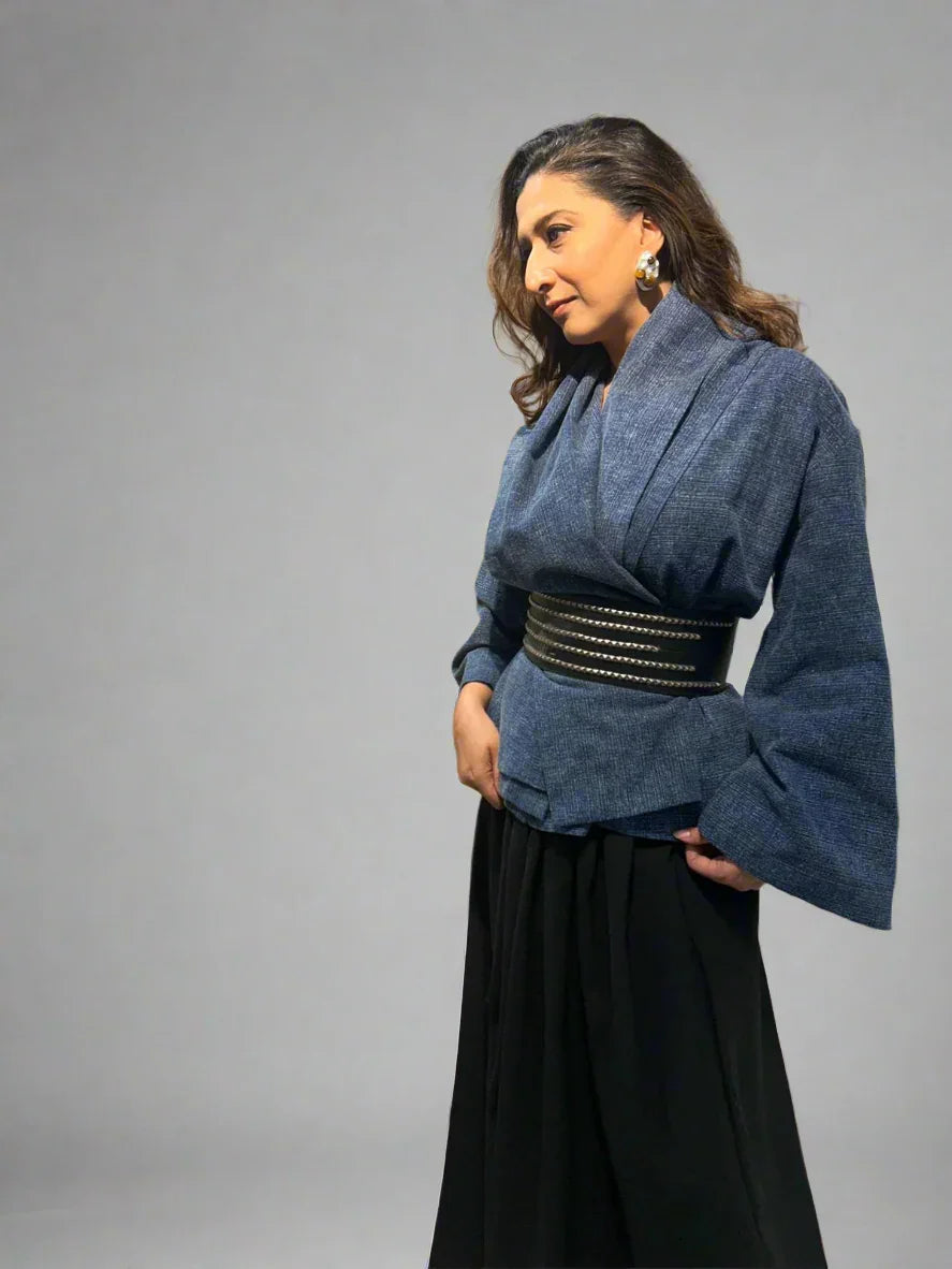 Woman wearing a blue kimono-style jacket with a black skirt | Women's Jacket | Camisole & Overlay | Pret Clothes | nEo Clothes.