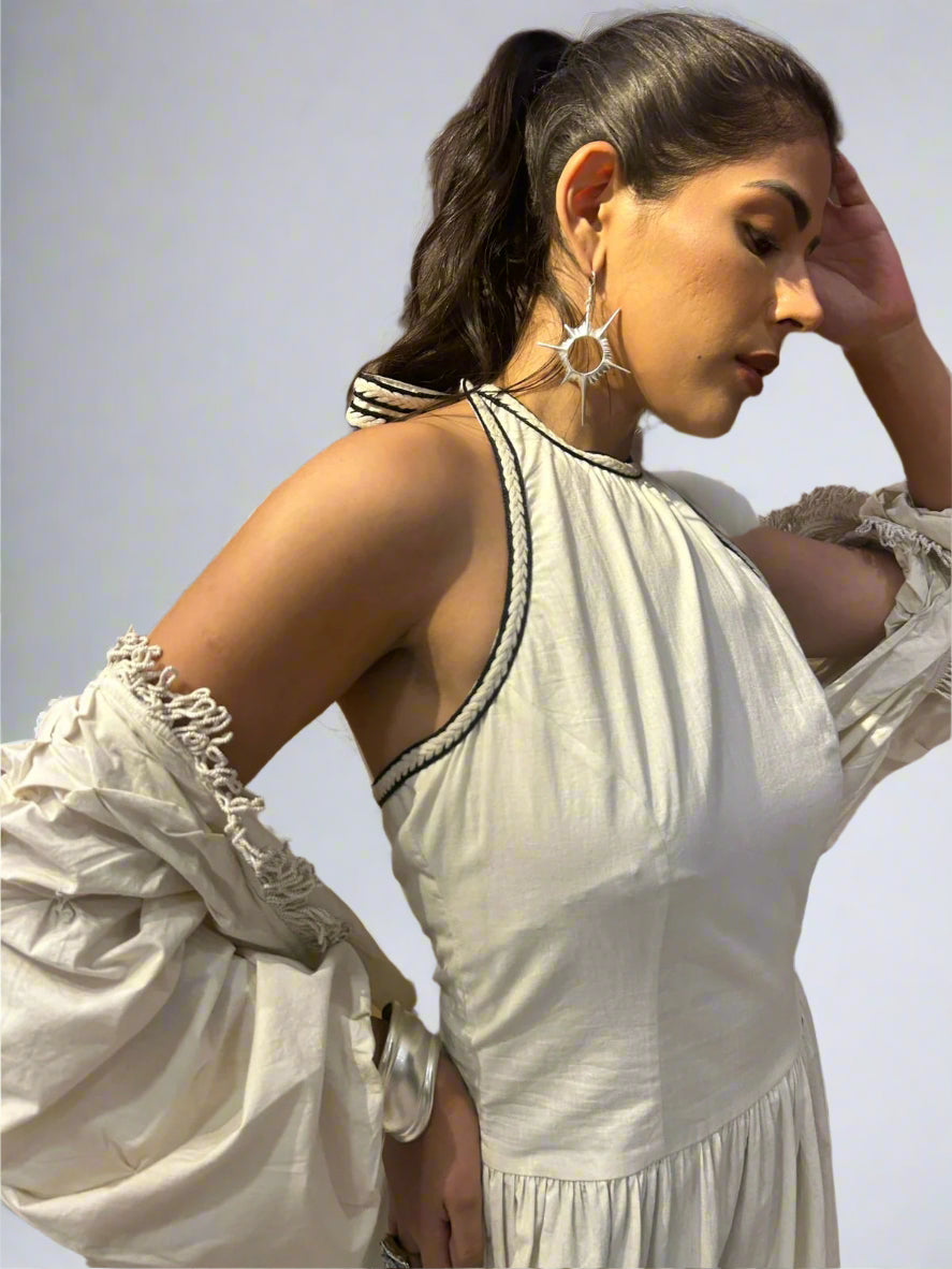 Woman in a white dress with black trim | Women's Shrug | Jacket | Pret Clothes | nEo Clothes.