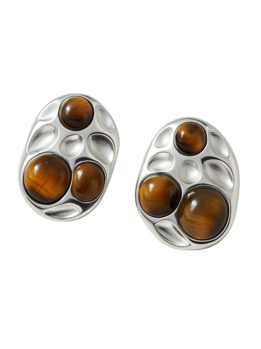 Pair of silver earrings with brown gemstones | Statement Earrings | neo jewelry 