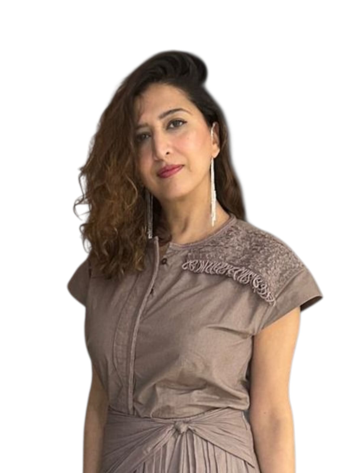 Portrait of a woman wearing a taupe draped Top with knotted waist and cap sleeves, featuring intricate shoulder embellishment with textured embroidery and styled with long drop earrings, contemporary taupe gray beige fashion portrait with statement earrings | Women's Top | Pret Clothes | Asymmetrical Top | nEo Clothes