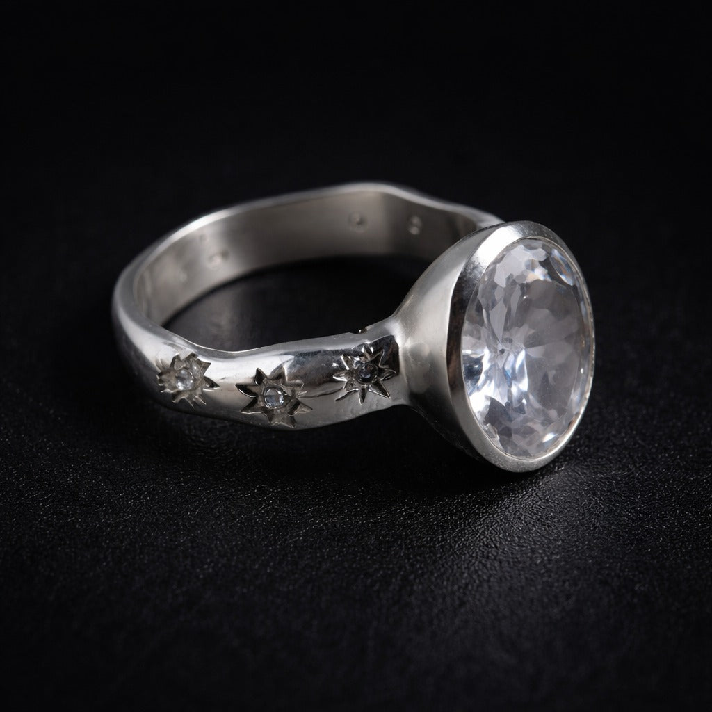 Near Earth Object | Silver ring with a large gemstone on a black background