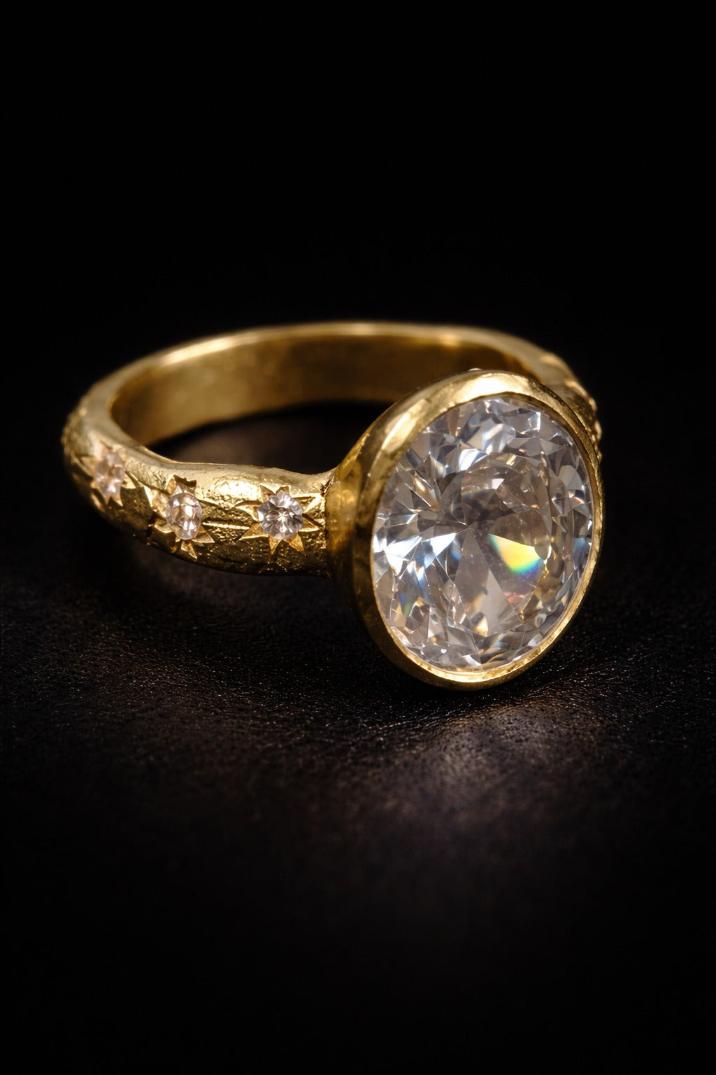Near Earth Object | Gold ring with a large diamond on a dark background
