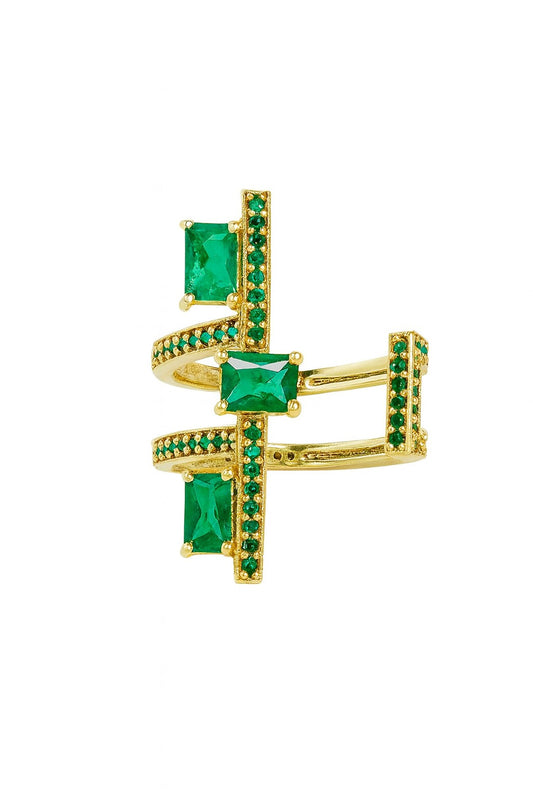 “Gold geometric ring featuring emerald-green square stones and pavé crystal accents arranged in a modern stacked design – luxury gemstone jewellery by Near Earth Object.”