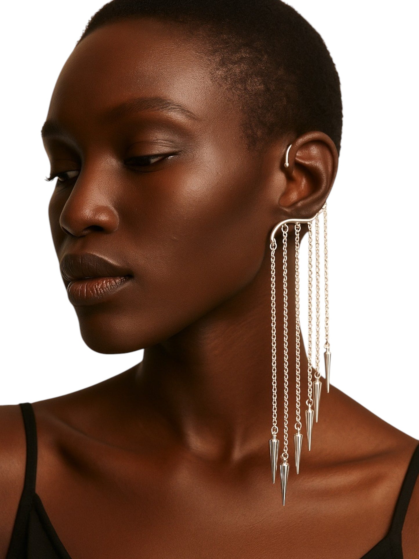 Woman wearing long, Silver dangling Ear Cuffs Earrings | Statement Ear Cuffs | neo jewelry 