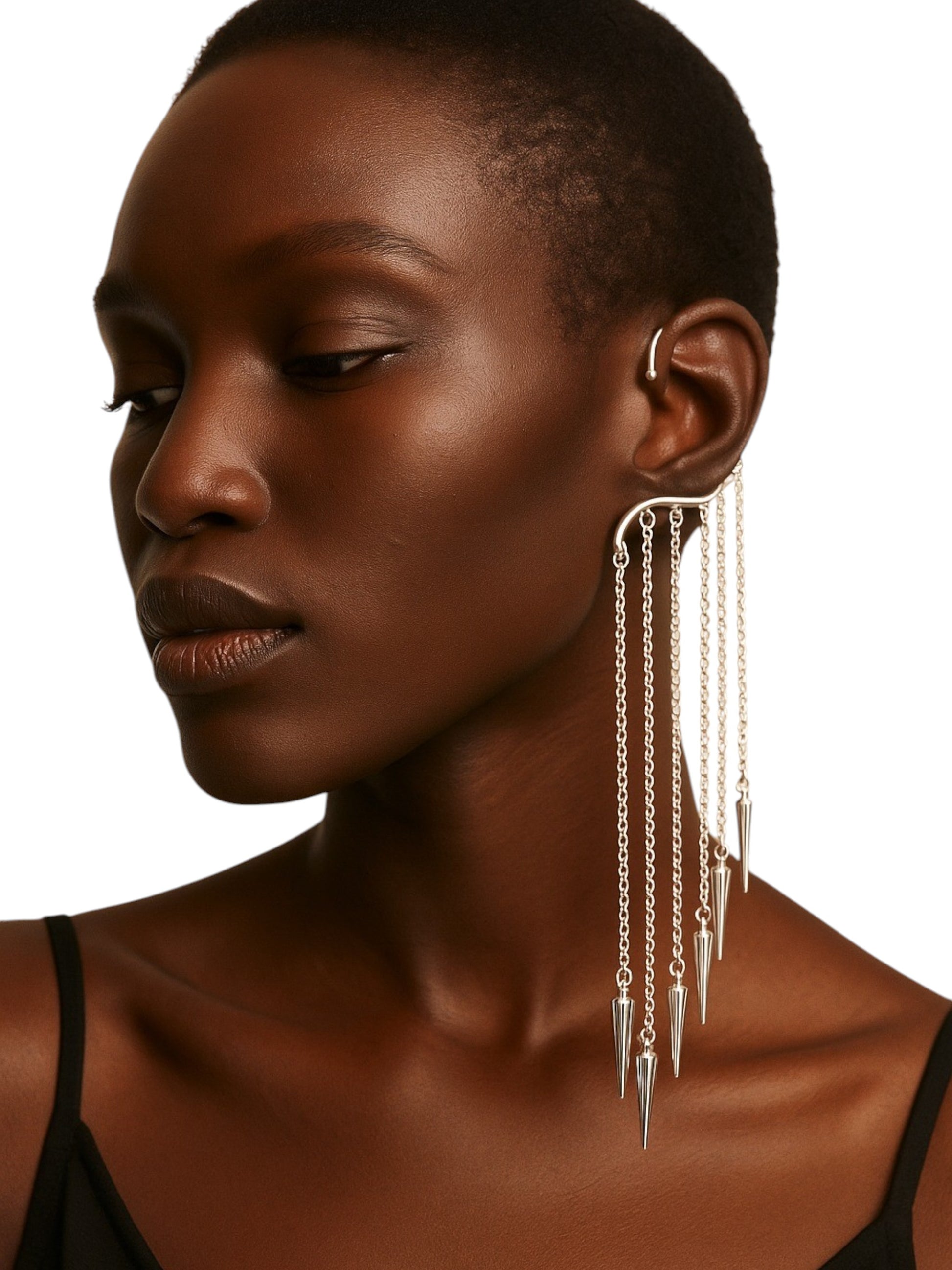 Woman wearing long, Silver dangling Ear Cuffs Earrings | Statement Ear Cuffs | neo jewelry 